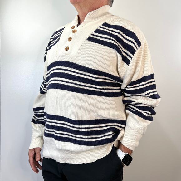 Vintage 90s Eddie Bauer Stripe Pullover Sweater Ivory Cotton Wool Free - Picture 1 of 6